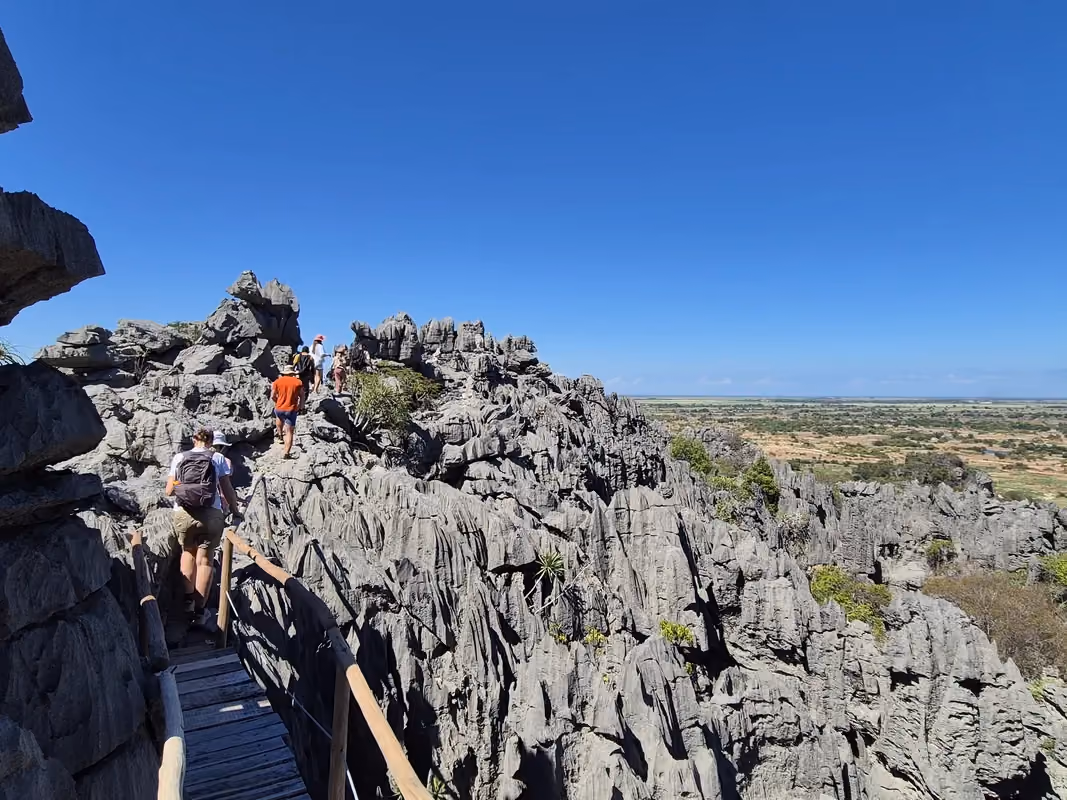 Hiker on a trail through the limestone pinnacles of Ankarana