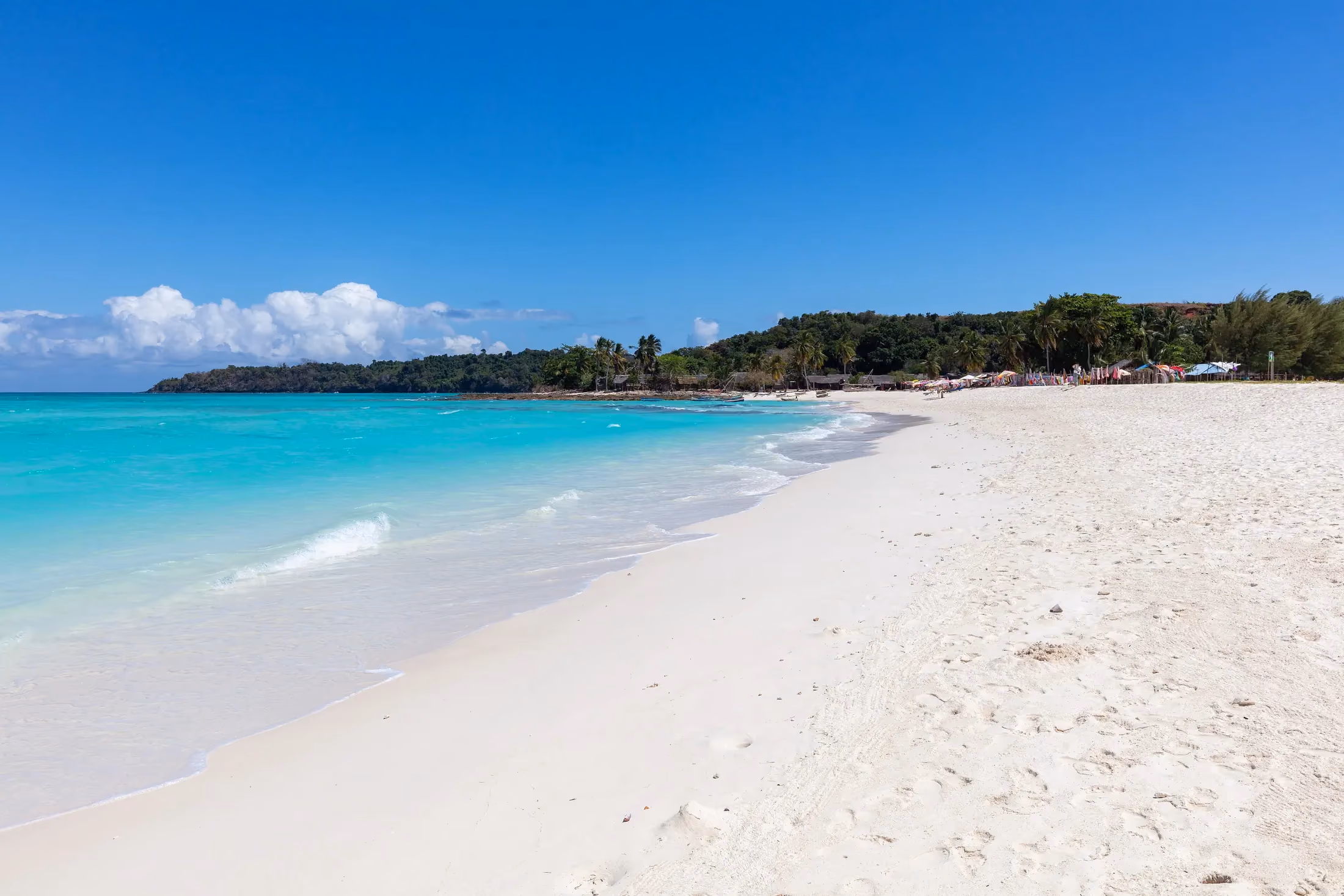 White sandbar connecting the two islands of Nosy Iranja in turquoise water